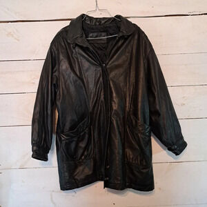 Jaqueline Ferrar  Leather Jacket Coat Black Size Large Mid Length